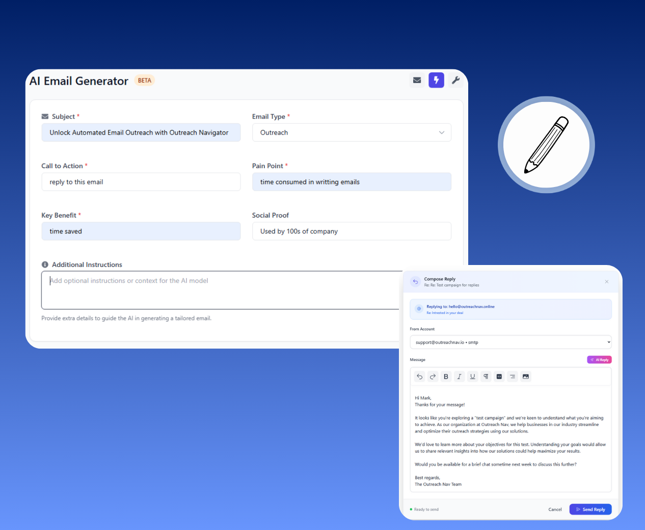 AI Email and Reply Generator interface showing email drafting