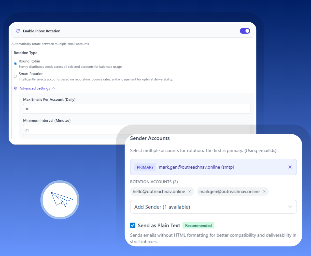 Inbox Rotation interface showing active inboxes