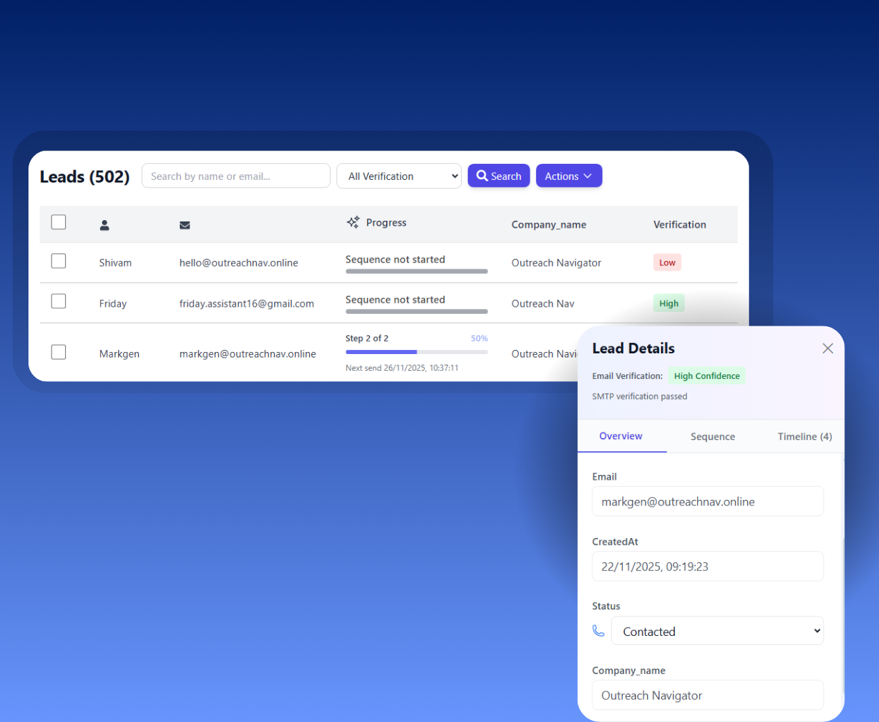 Verify Leads interface showing email verification results